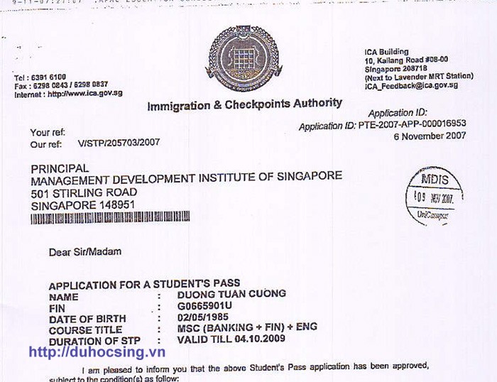 Những hình ảnh IPA (thư xác nhận có visa) của những học sinh tiêu biểu Du học Singapore năm 2007