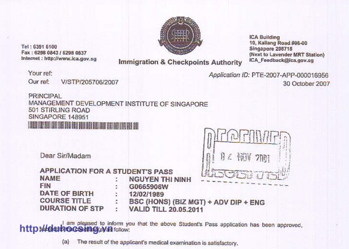 Những hình ảnh IPA (thư xác nhận có visa) của những học sinh tiêu biểu Du học Singapore năm 2007