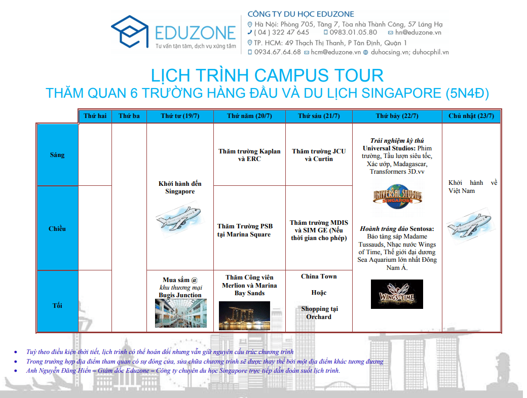 lichtrinh - Campus Tour - Thăm quan 6 trường hàng đầu và du lịch Singapore (khởi hành 19/7)