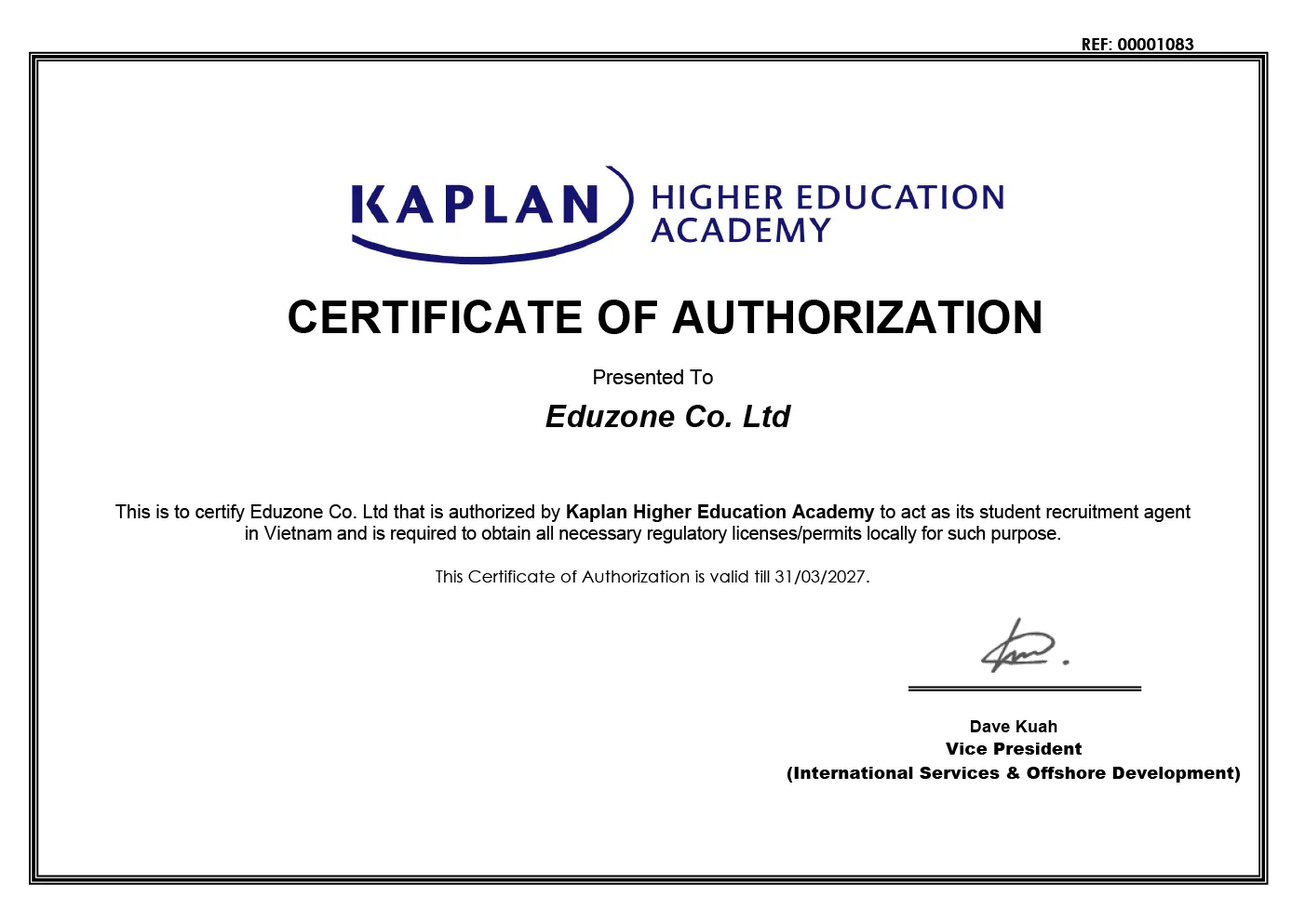 Chứng nhận Eduzone là đại diện chính thức của Kaplan